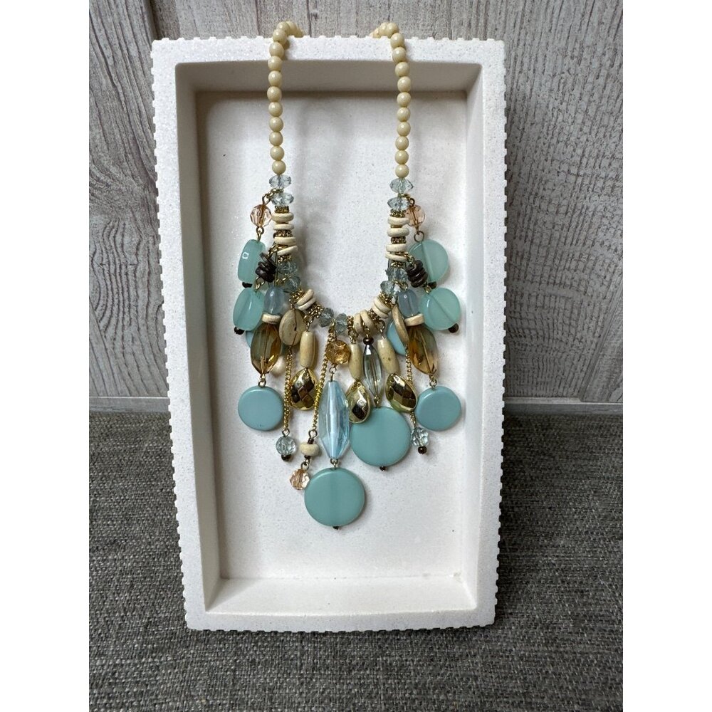 Boho Statement Beaded Necklace Turquoise & Gold Accents Adj Chain Layered